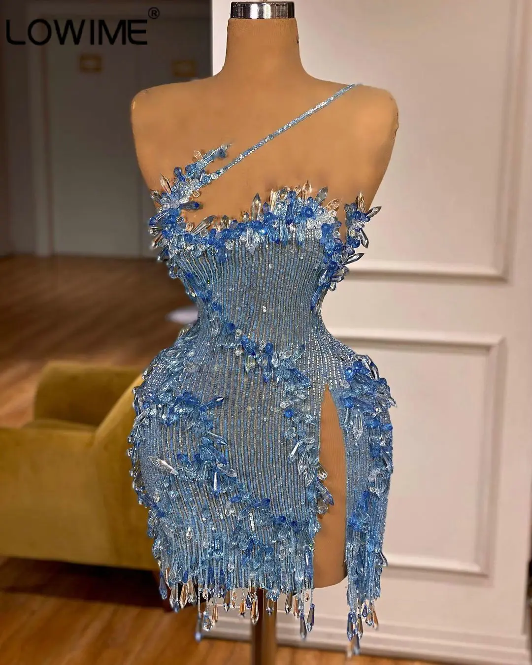 Fabuloso azul cristais curto baile de formatura meninas vestidos com fenda um ombro verão met gala award mostrar vestimentas vestidos lantejoulas