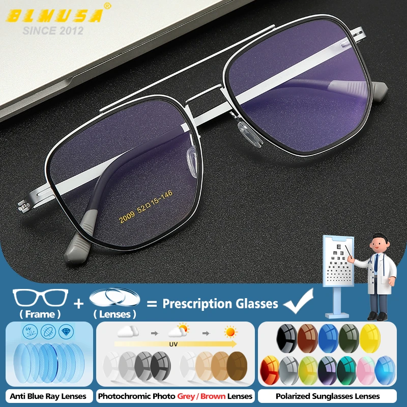 

BLMUSA New Ultralight Pilot Anti Blue Light Prescription Glasses Men Fashion Large Frame Myopia Progressive Optical Eyeglasses