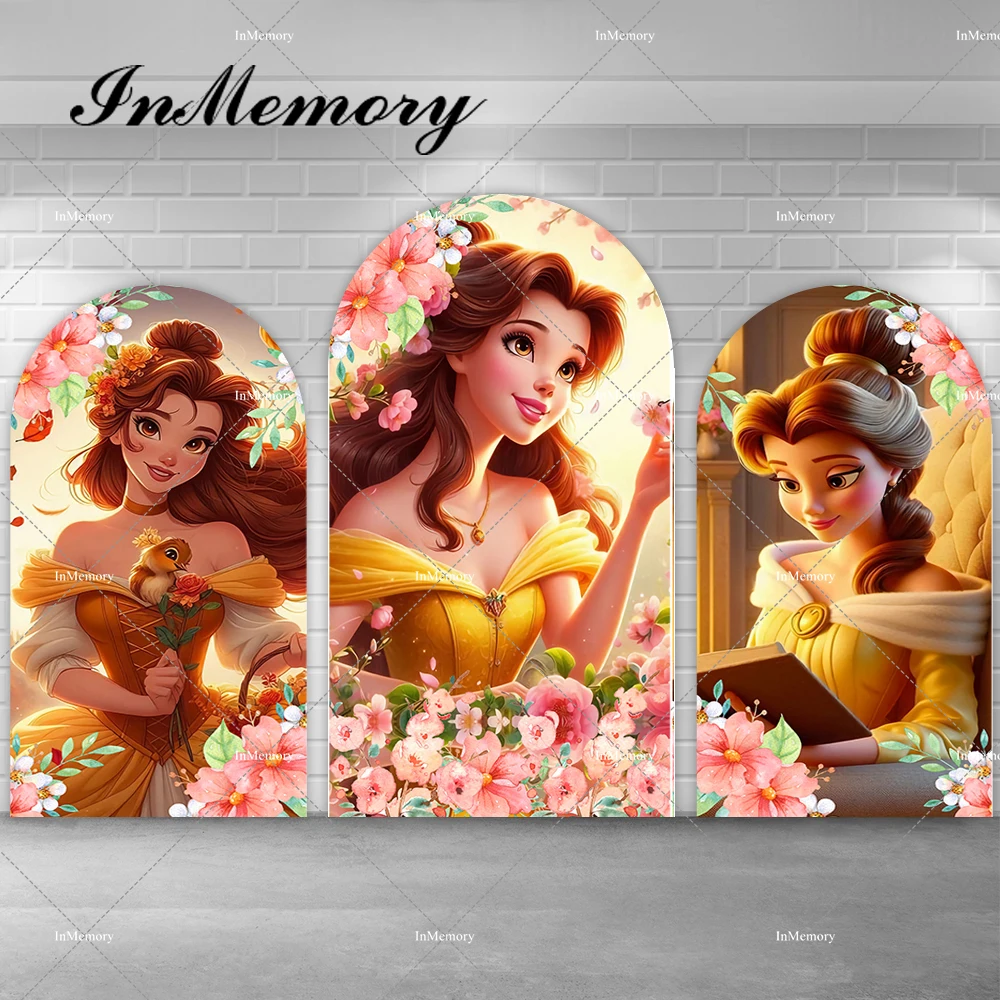 Beauty and The Beast Princess Belle Arch Backdrop Floral Girls Birthday Party Decoration Cake Dessert Table Banner Plinth Covers