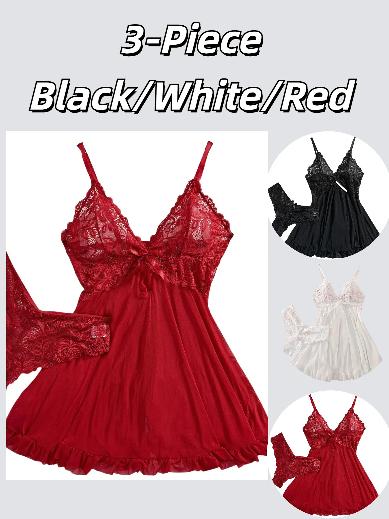 

3-Piece Black/White/Red New Arrival Lace Camisole Sheer Mesh V-Neck Nightdress Seductive Sleepwear Set