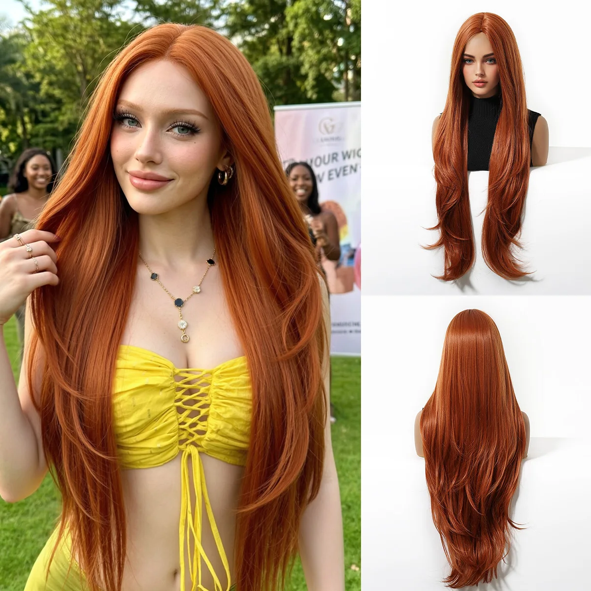 

Natural Ginger Orange Long Layered Straight Wigs 26 Inch Middle Part Heat Resistant Synthetic Hair Breathable Adjustable Wig Cap for Women Dating Evening Party