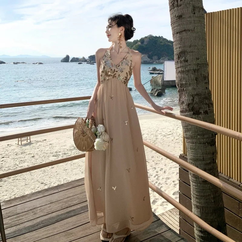 

Heavy Embroidery Sequined Halter Dress for Women 2026 Summer New Fashion Seaside Vacation Style Sexy Backless Long Dress