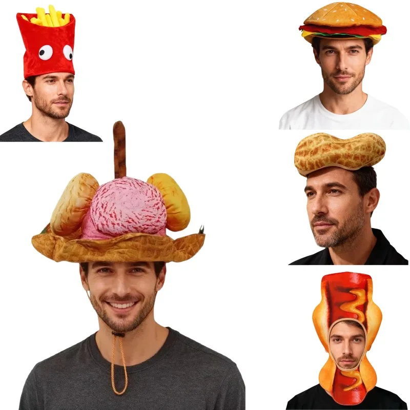 

5PCS Novelty Funny Food Hats Cosplay Hot Dog Peanut Hamburg French Fries Cake Hats for Halloween Carnival Party Photo Props Gift