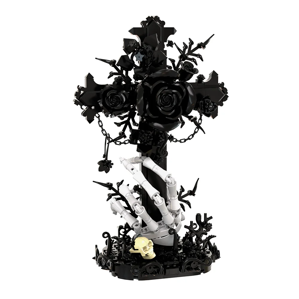 MOC Black Vow Rose Cross Building Blocks Gothic 3D Skeleton Hand Design Home Decor Bricks Toy Adult Gift