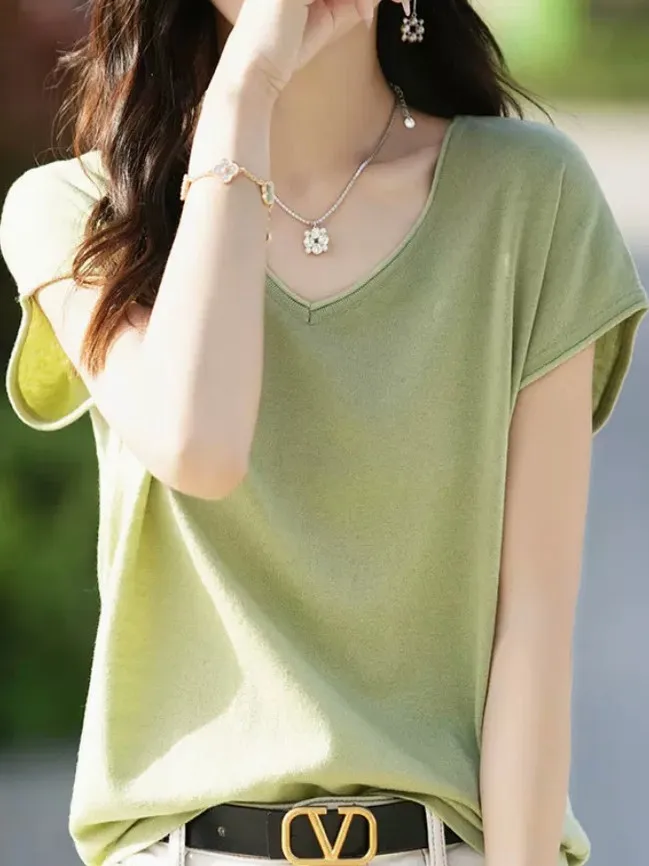 فضفاض محبوك ort Sve V-Ne تي شيرت المرأة الصيف رقيقة لفة أعلى مريحة للتنفس قسط Quali لباس غير رسمي