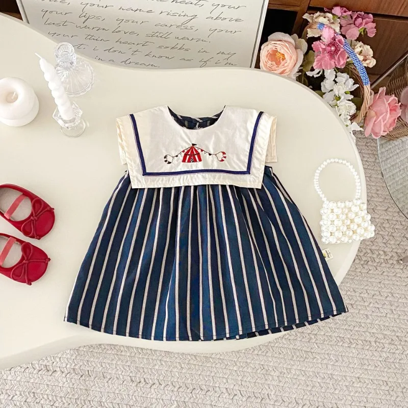 HoneyCherry New Summer Vest Princess Dress for Girls, Featuring A Vintage Style with Embroidery and Stripes, A Sleeveless Design