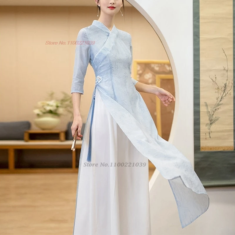 

2025 ao dai vietnam traditional dress national flower print improved cheongsam vintage v-neck qipao chinese folk dress qipao