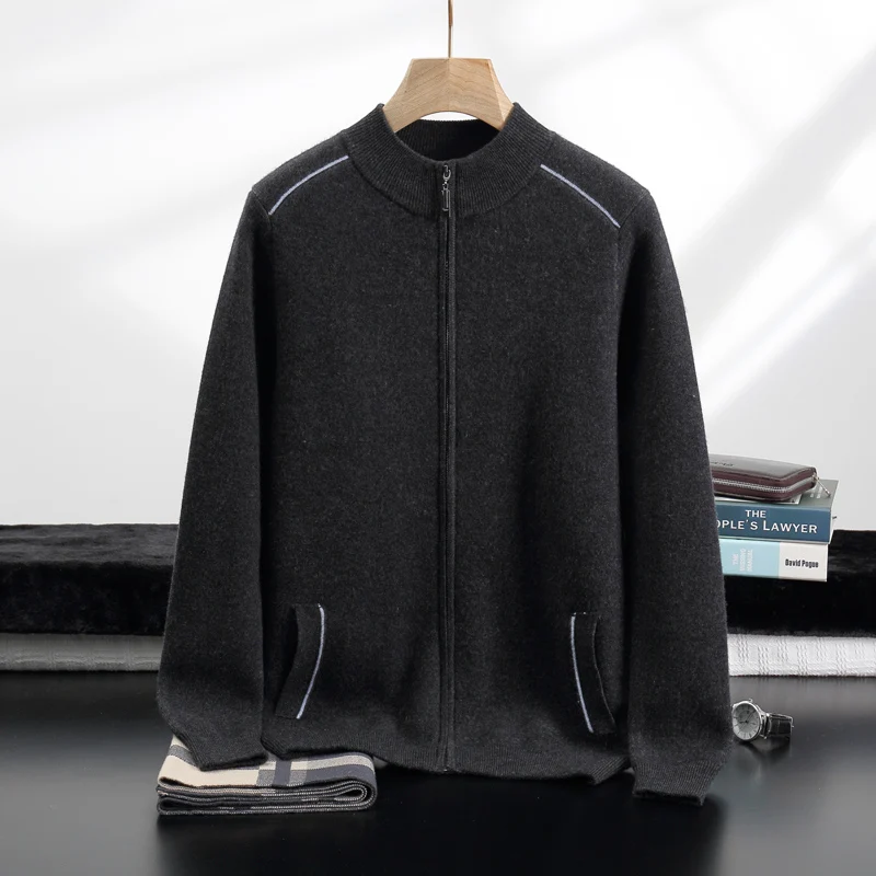 Autumn And Winter New 100% Cashmere Sweater Color Blocked Zipper Cardigan Casual Versatile Temperament Sweater For Men