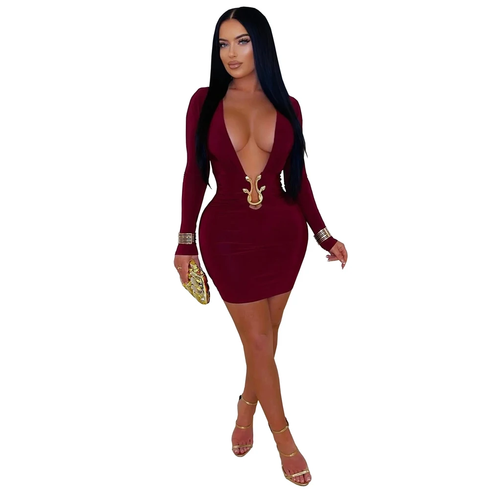 JENYAGE Damen Bodycon-Minikleid mit tiefem V-Ausschnitt und langen Ärmeln, goldener Metallring-Ausschnitt, gerafftes Design, Nachtclub-Party, schmal, sexy, Abendkleid, Schwarz – Detail 3