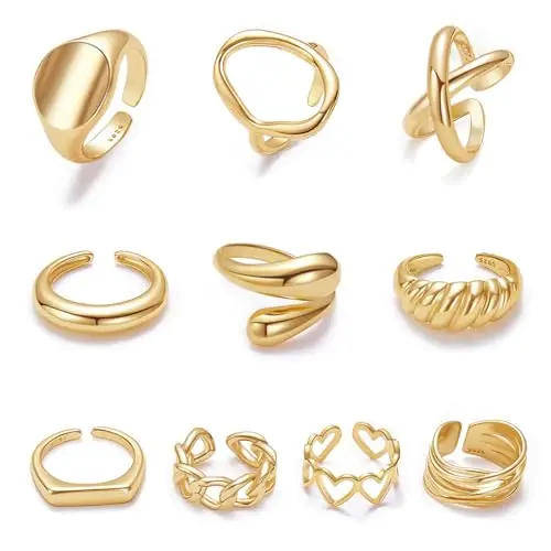 

10PCS Gold Dome Chunky Rings for Women Plated Braided Twisted Round Signet Adjustable Open Ring Band Statement Jewelry Size 7-9