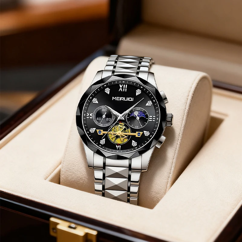 

Мужские кварцевые часы с серебряным стальным ремешком, римскими цифрами на циферблате и черным циферблатом, для повседневного и делового стиля.