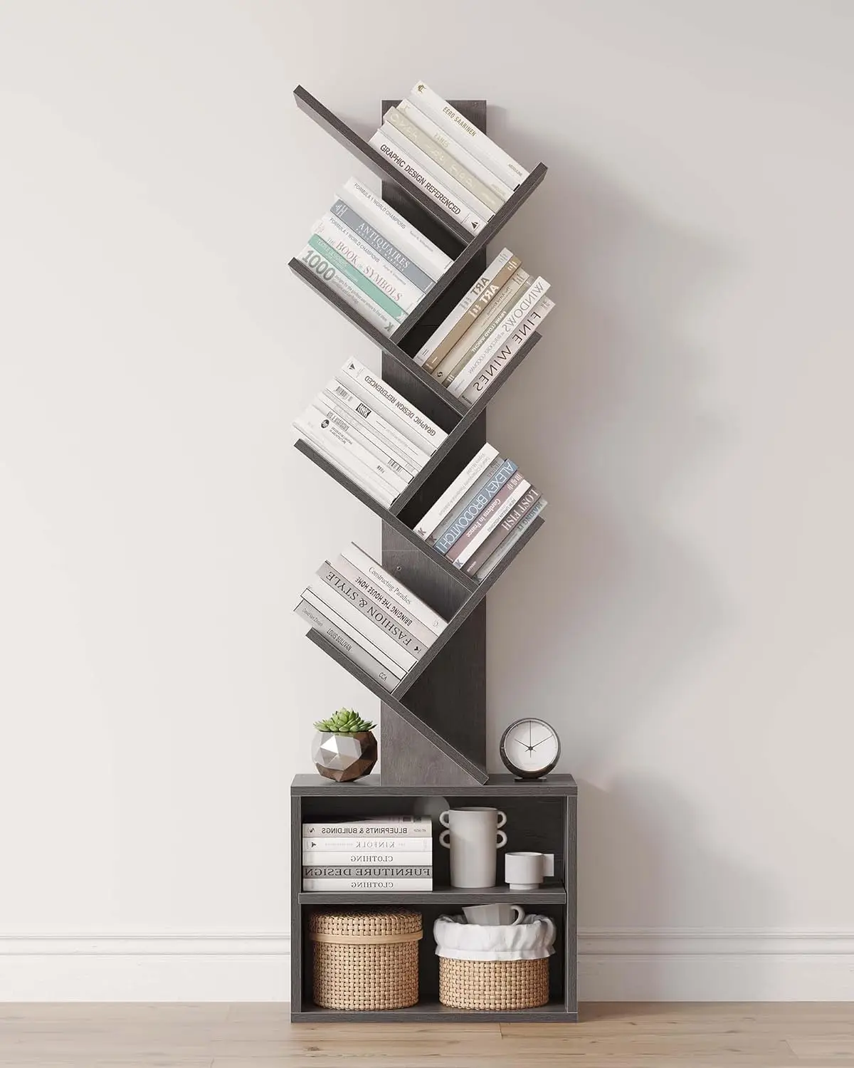 

6-Tier Tree Bookshelf with Storage Cabinet, Modern Narrow Organizer for Bedroom/Living Room/Office, Grey