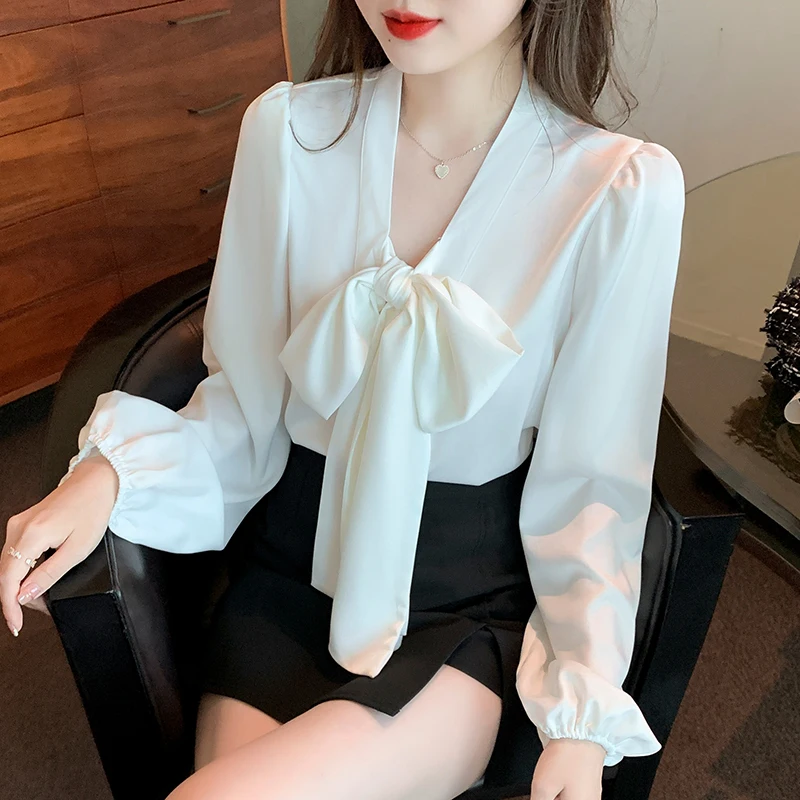 Spring Autumn Elegant Chiffon White Women's Bow Blouse 2025 New Long Sleeve V-neck Korean Casual Loose Office Lady Shirts Female