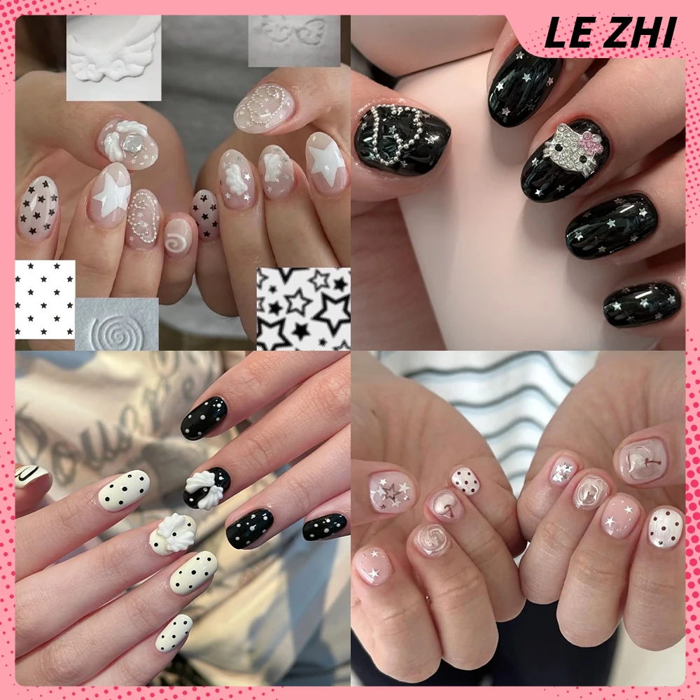 

Sweet Lovely Cartoon Hello Kitty Handmade Wearable Nails Party Stickers Shining Stars Wings Bowknot Diamond Press On Nails