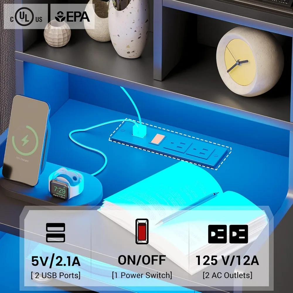 Conjunto de mesa de cabeceira alta de 2, mesa de cabeceira LED com estação de carregamento, mesa de cabeceira alta com prateleiras e 2 gavetas, mesas laterais