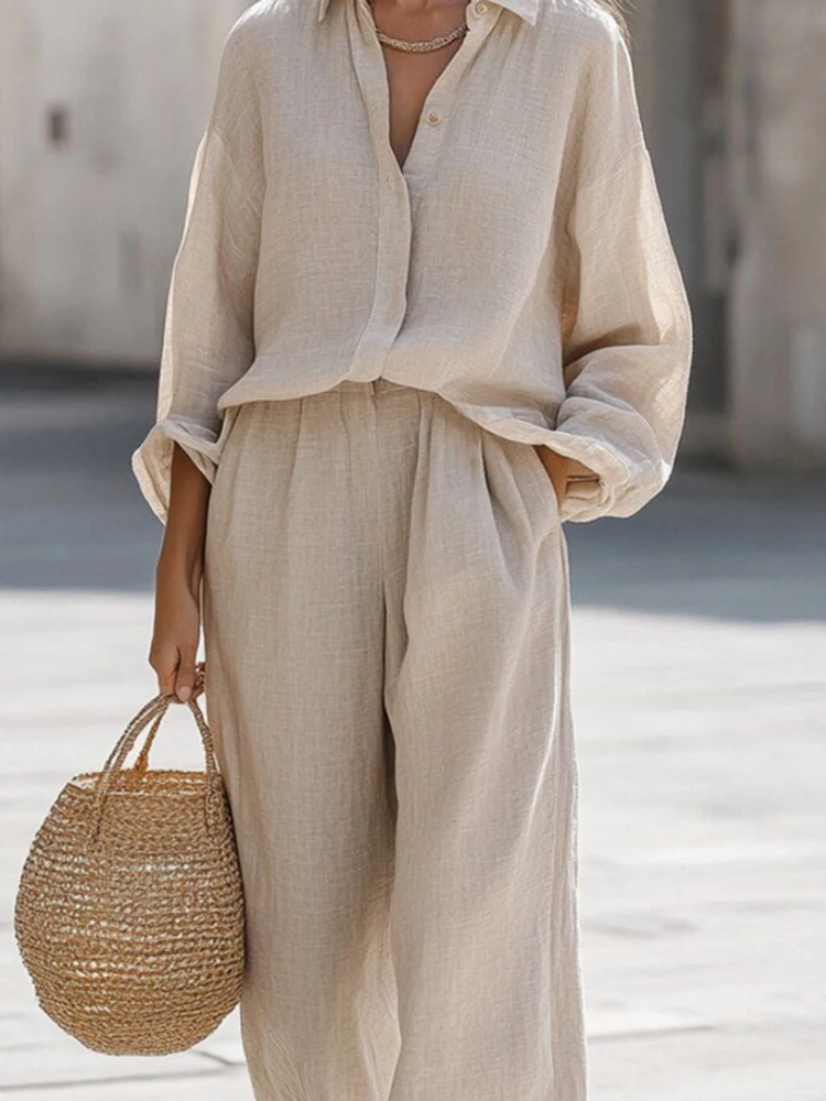 Conjuntos elegantes de lino y algodón para mujer, conjunto de ropa deportiva holgada de Color sólido, camisas informales de manga larga con solapa y pantalones de pierna ancha, novedad de otoño