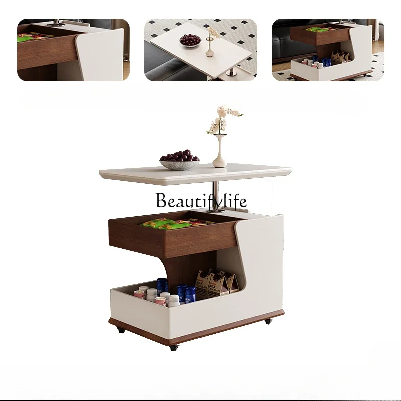 

LSolid wood movable coffee table living room sofa lifting side cabinet rock slab side table
