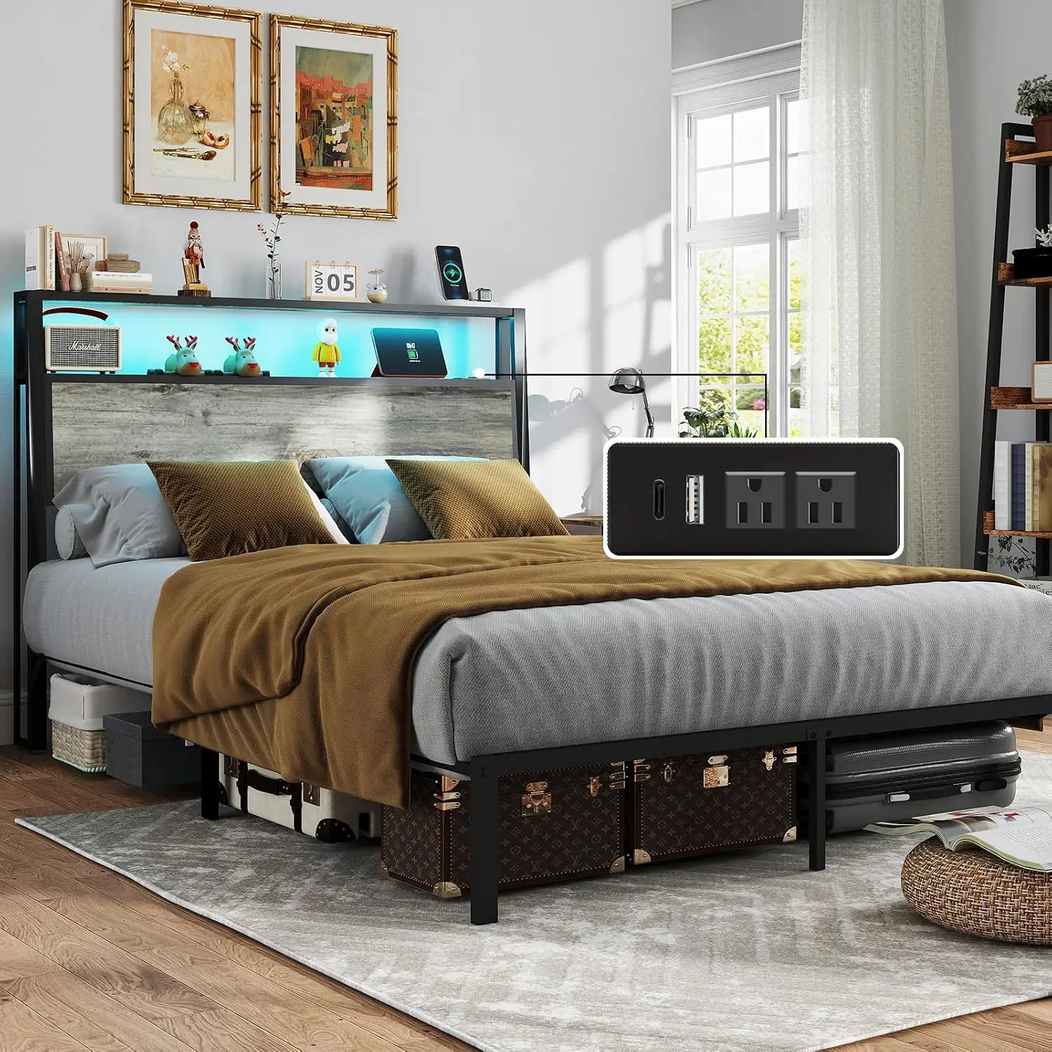 Queen Size Bed Frame in Rustic Gray with a Two-Tier Storage Headboard