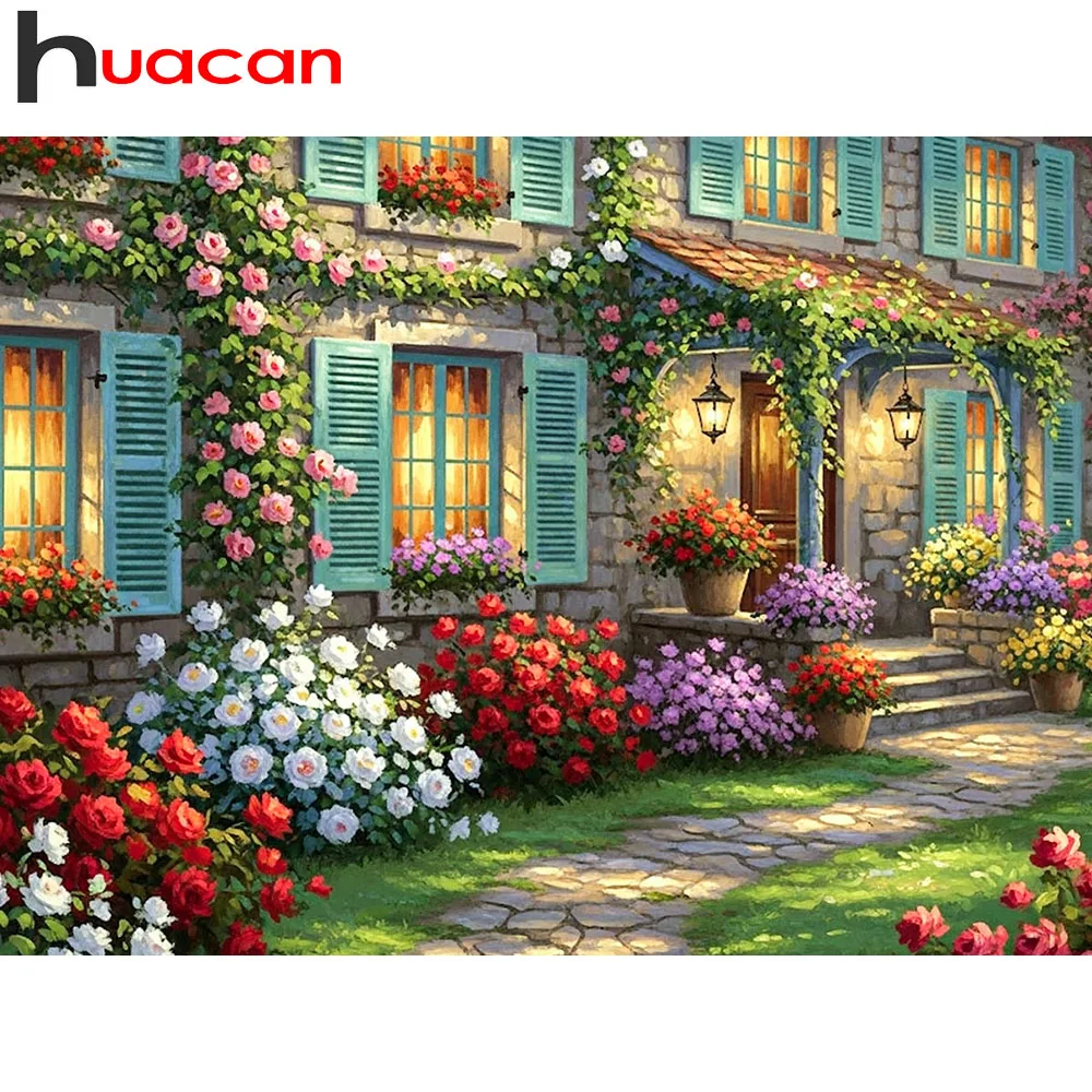 Huacan Vollständiges Diamant-Malset Frühlingsblumen-Haus Diamant-Stickerei Landschaft Komplettset Heimdekoration