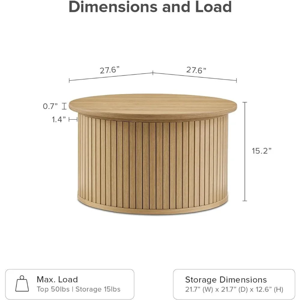 Quin Round Coffee Table with Storage, Drum Accent Coffee Table, Mid Century Modern Wood Coffee Table, Fluted Center Table