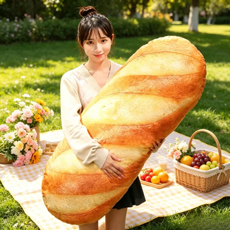 French Bread Plush Pillow, Stuffed Food Plushie with Printing Images, Party Prop Decor & Sleeping Companion Gift for Men