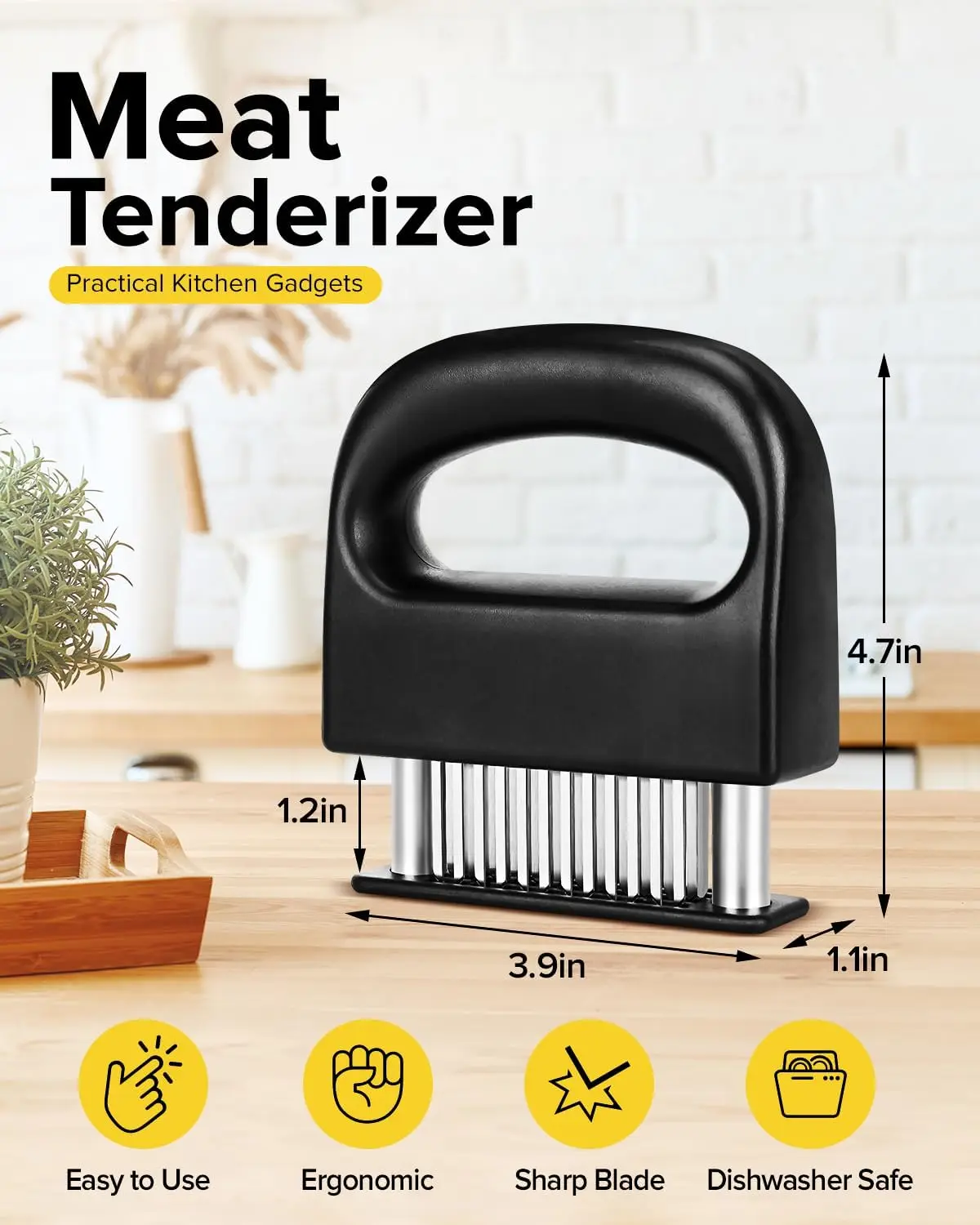 Herramienta para ablandar con 48 hojas de acero inoxidable, para carne de vacuno/manzo/porco/pavo/pez/pollis/pollis/marcado marinado, negro