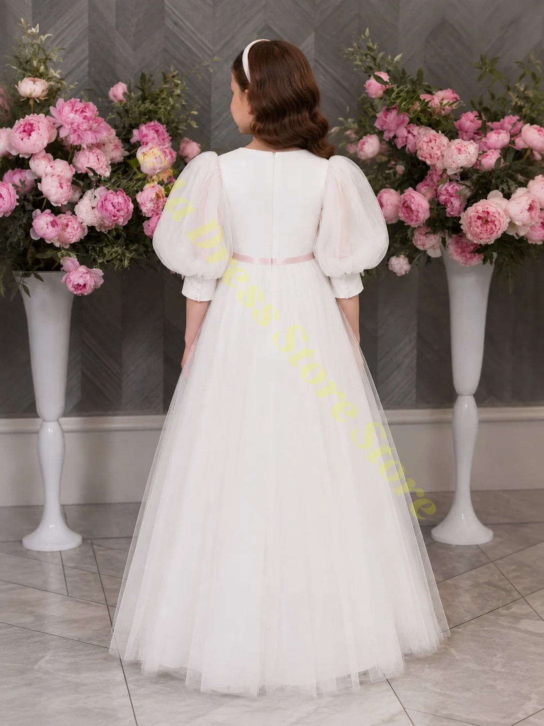 Großhandel Elegante Rosa Erstkommunion-Ballkleider Blumenmädchenkleid für Hochzeit mit Schleife Tüll Voluminös Geburtstagsfeier Maßanfertigung – Detail 2