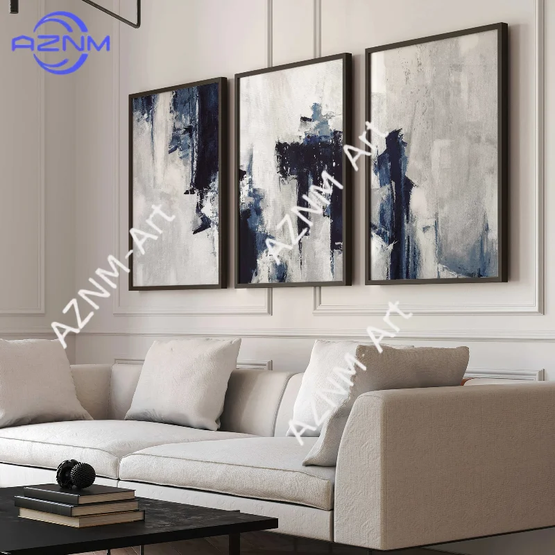 1/3 Stück blaue abstrakte Wandkunstdrucke, Marineblau, Grau, Raumdekoration, Gemäldeposter, groß, Triptychon, modern, minimalistisch