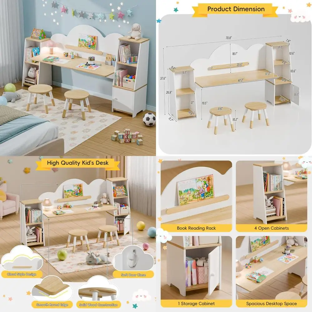 

Children's Study Desk with Bookshelves and 2 Stools, Storage Cabinet Desk Set for Kids, Wooden Writing Table for Students Aged 3