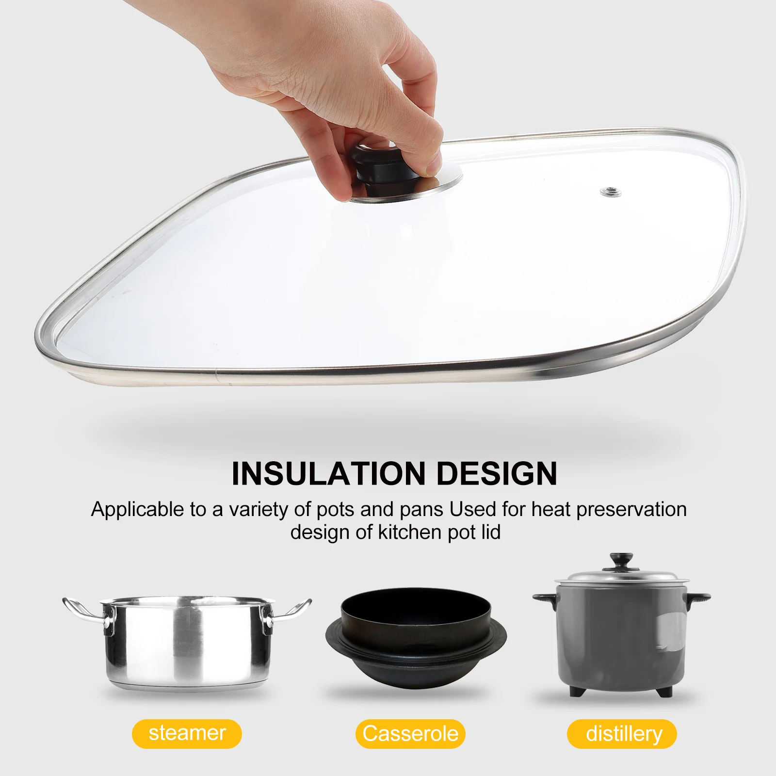 

Square Electric Practical Pot Cover Glass Pan Lid Glass Cover Vent Handle Replacement Pan Lid for Kitchen Cookware