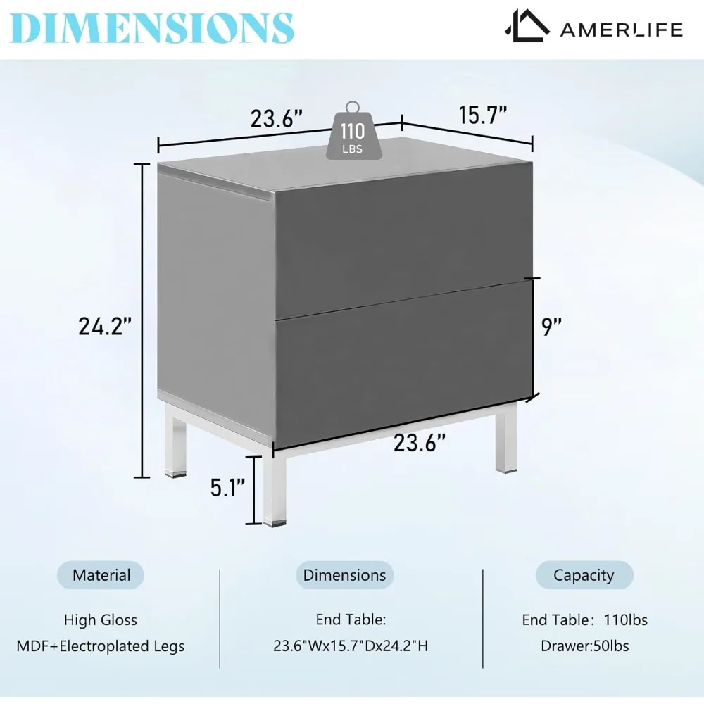 AMERLIFE مجموعة منضدة حديثة وبسيطة مكونة من 2، 24 طاولة جانبية للأريكة مطلية بالكهرباء عالية اللمعان مع درجين للتخزين المغناطيسي، Rec #2