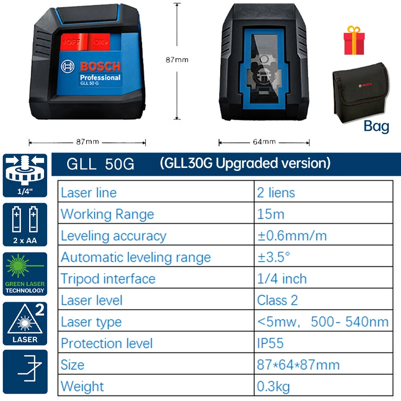 Bosch 2 Lines Laser Level High Precision Green Light GLL50G Instrument Horizontal And Vertical Indoor Or Outdoor Auto Leveling