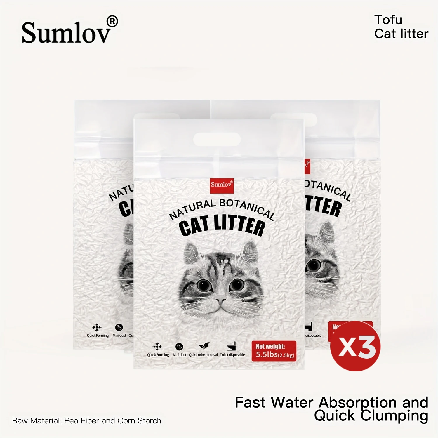 

16.5lbs/3pcs Sumlov Tofu Cat Litter, Natural Botanical, 5.5Lbs/Pack, Dust-Free, Flushable, Clumping, Odor Control, Dropshipping