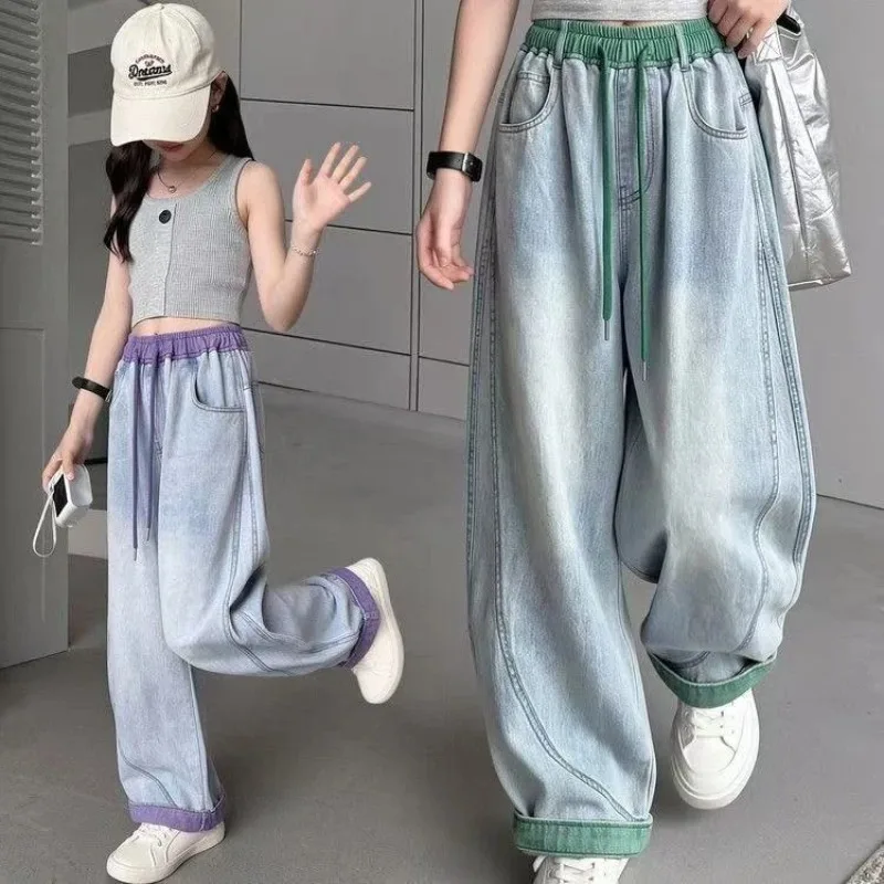 UNITIM 4-14 Jahre Mädchen-Jeans, Sommer, dünn, atmungsaktiv, für Kinder, Mädchen, Denim-Hose, lässig, gespleißt, für Junior-Mädchen, Hose mit weitem Bein – Detail 4