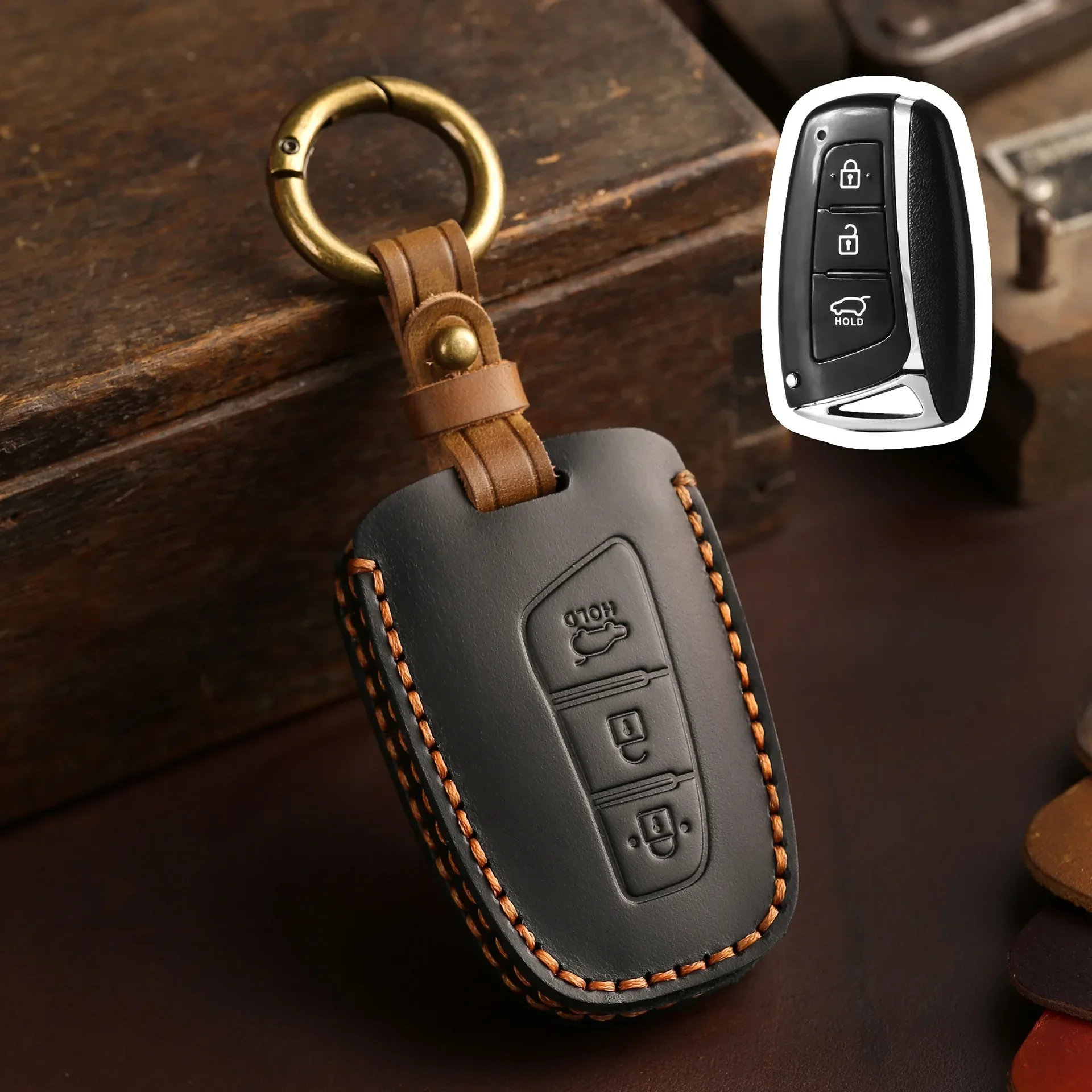 

Leather Car Key Case Cover For Hyundai Santa Fe Sport Equus Centennial Genesis G80 Grandeur Azera 2013 2014 2015 2016 2017 IX45