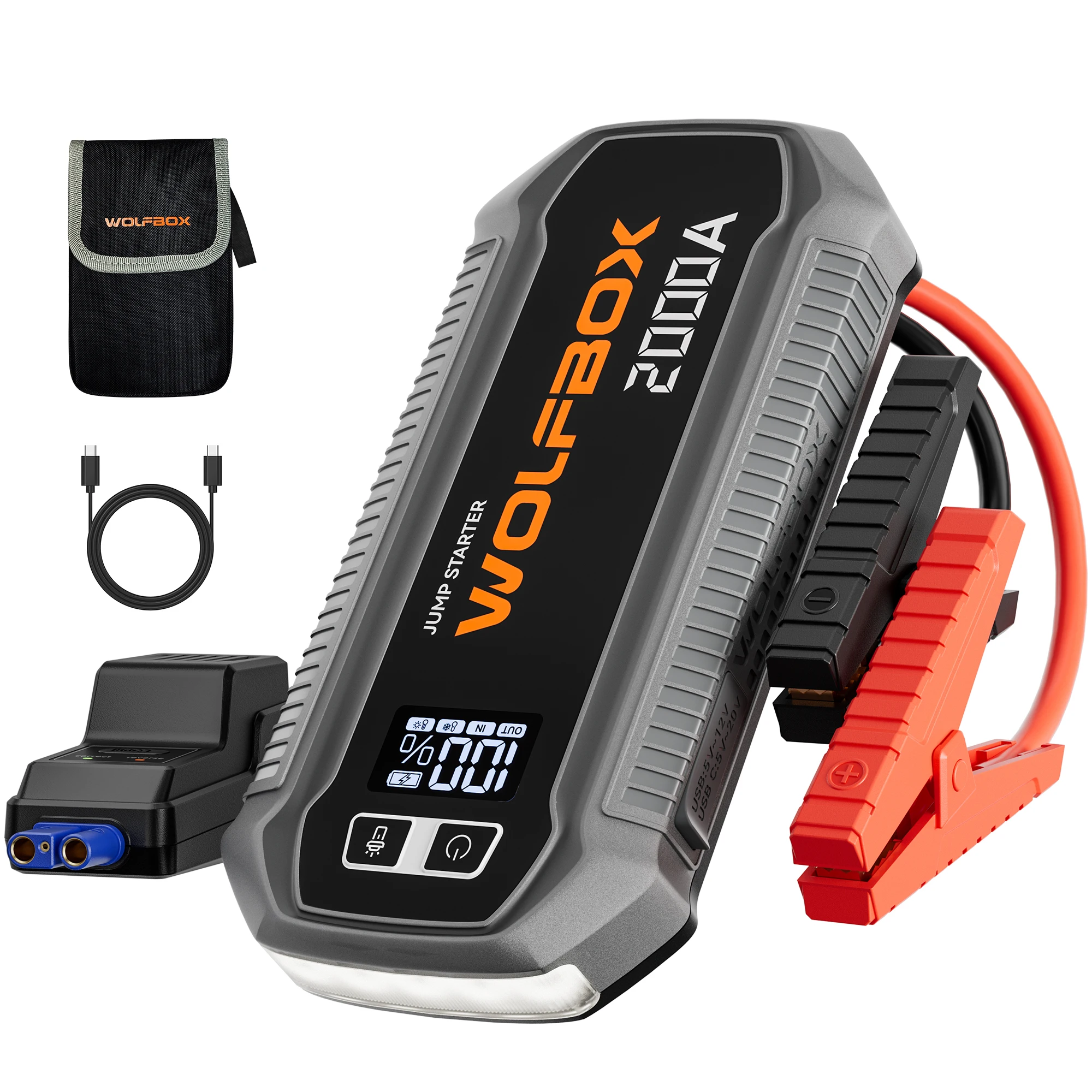 WOLFBOX 2000A Jump Starter,12000mAh Battery Jumper Starter Portable with 30W Quick Charge,LED Display,12V Car Battery Jump Start