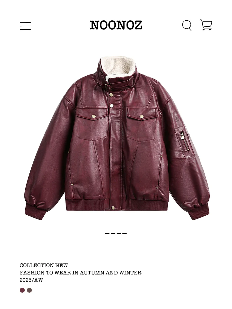 

Noonoz American Sle Motorcycle Jaet Thiened PU Leather And Cotton Men's Faion Neutral Thi Warm Cotton Coat