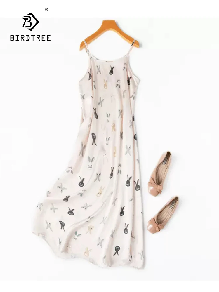 

BirdTree, 100%Real Silk Elegant Dress, Women Spaghetti Strap Rabbit Printed, Party Literature Dress, 2024 Summer New D43411QC