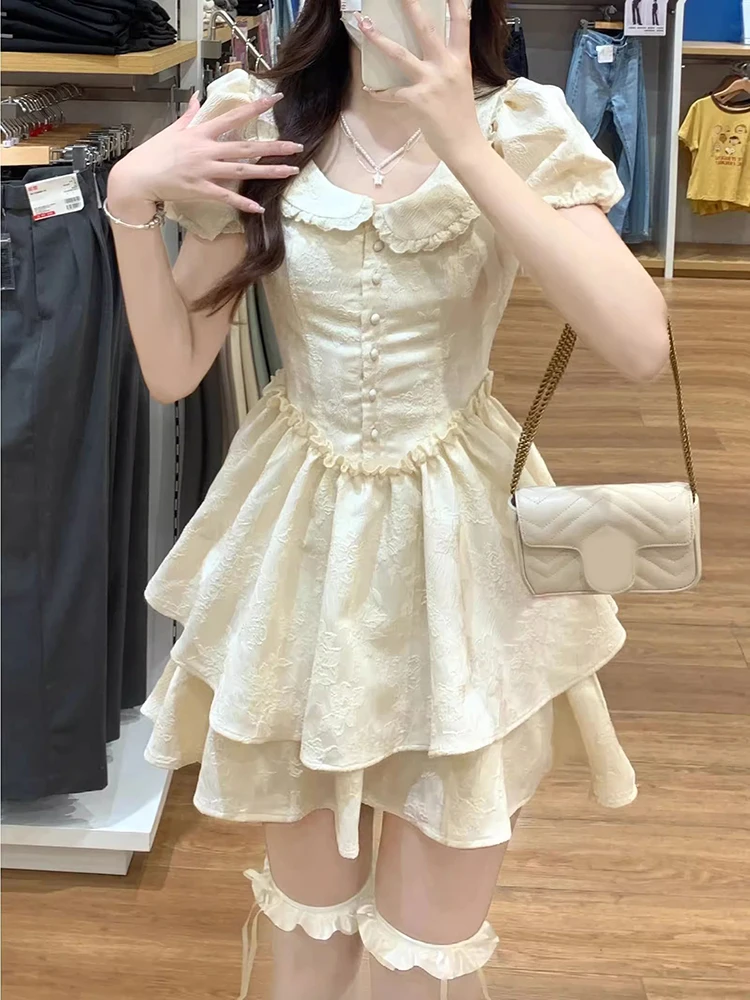 

Милое мини-платье в стиле кавайи для женщин, летнее, с пышными рукавами, в стиле преппи, милое платье-тортик, студенческое, А-силуэт, на пуговицах, с воротником Питер Пэн, повседневное