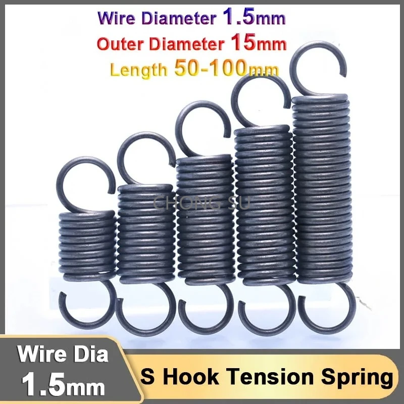 

1.5mm Extension Tension Spring With Open S Hook Springs Steel Expansion Stretchin Spring Pullback Draught Spring Length 50-100mm