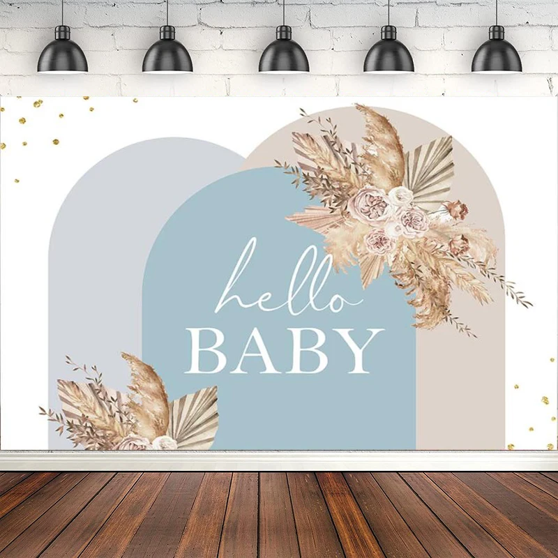 Blue Boy Baby Shower Photography Backdrop Pampas Grass For Theme Poster Decor Hello Baby Floral Boho Party Background Banner