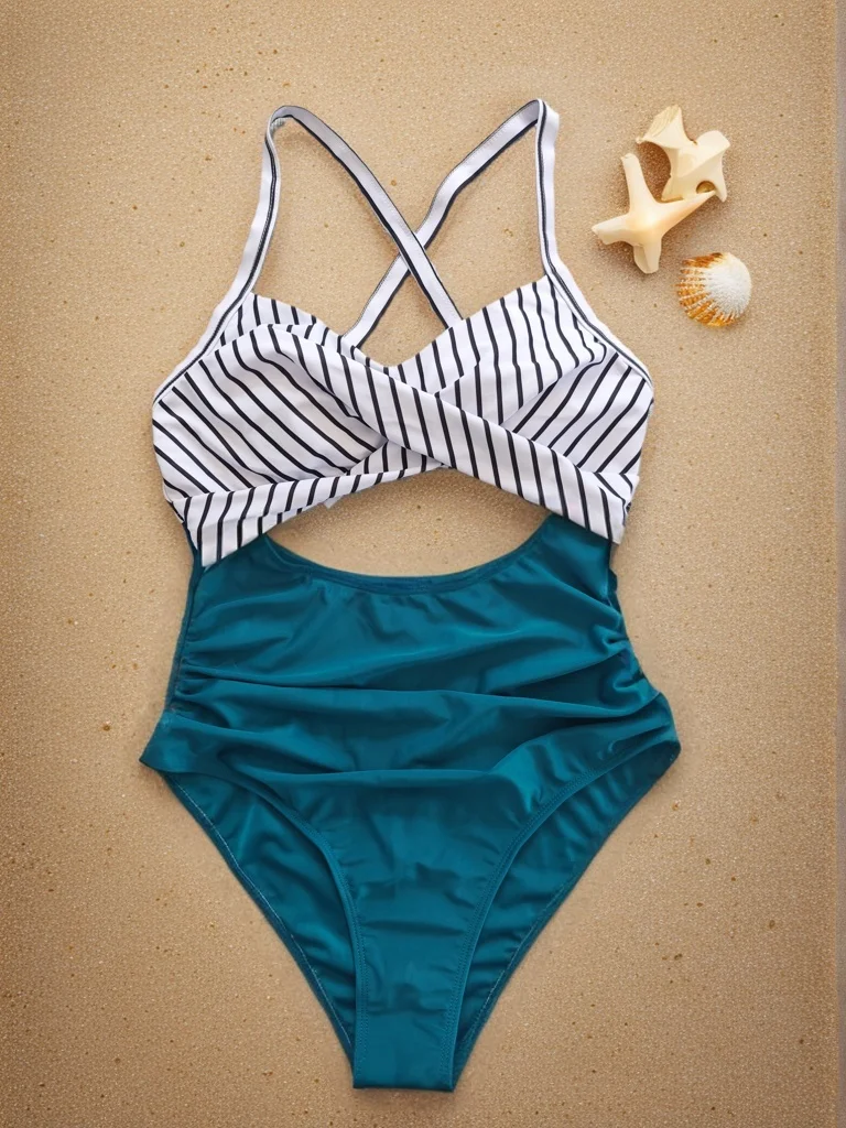 2025 Women's Striped Halter Neck One-Piece Swimsuit  Sexy High Waist swimwear hollow cross halter Color Block Design bodysuits