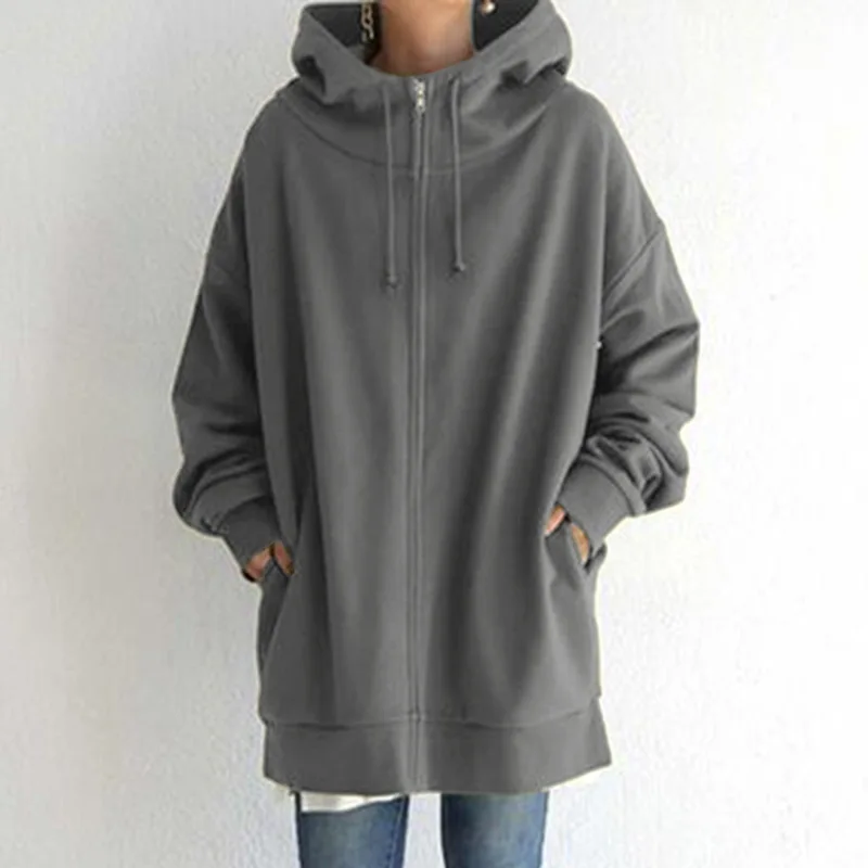 Fashion Zipper Long Sweatshirt Women Autumn Winter Loose Hooded Jackets Harajuku Streetwear Casual Fleece Hoodies Female Jacket