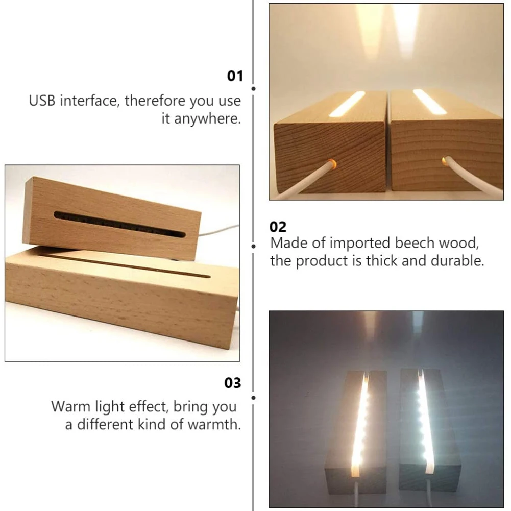 목재 직사각형 라이트 베이스, 목재 LED 디스플레이 베이스, 받침대 라이트 램프 스탠드, 아크릴, 크리스탈, 야간 조명, 송진 아트