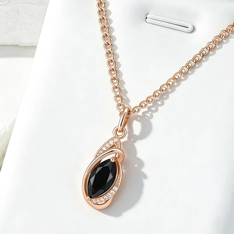 Wbmqda Unique Rhombus Black Stone Pendant Necklace For Women 585 Rose Gold Color Vintage Zircon Jewelry Accessories