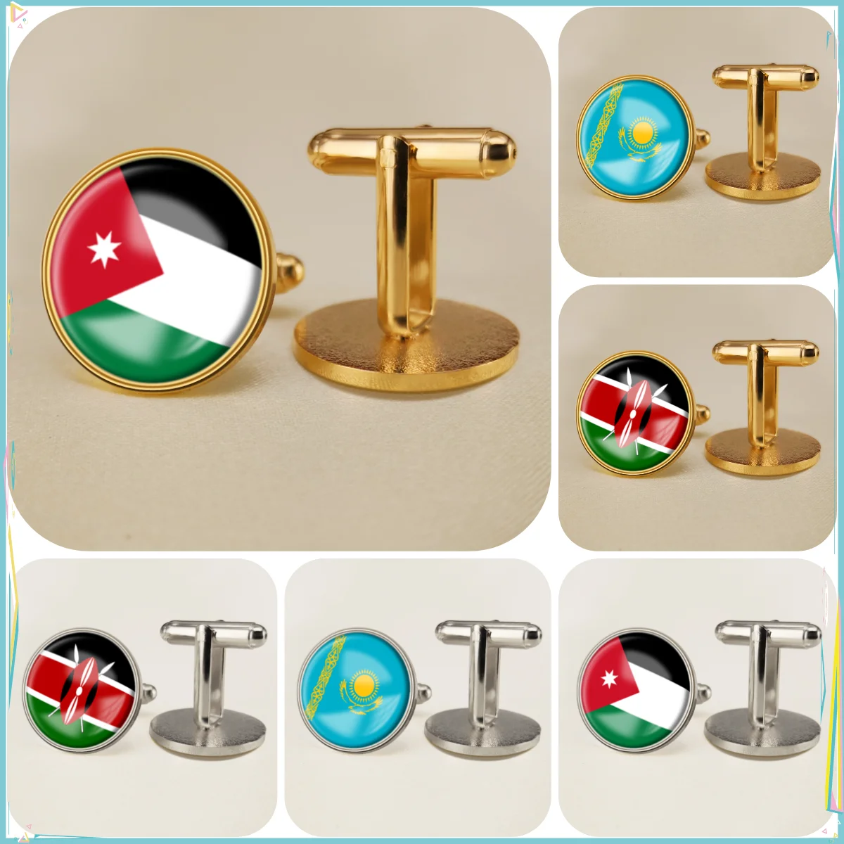 Jordan Kazakhstan Kenya National Emblem Flag Cufflinks