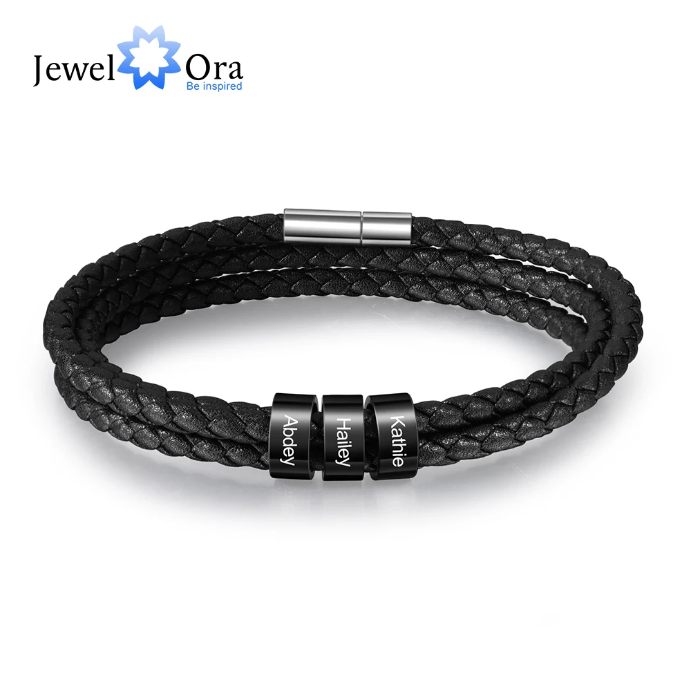 Personalize Men Charm Leather Bracelets Beads 18 cm Family Kids Child Names Stainless Bangle Jewelry Gift for Father Son Grandpa