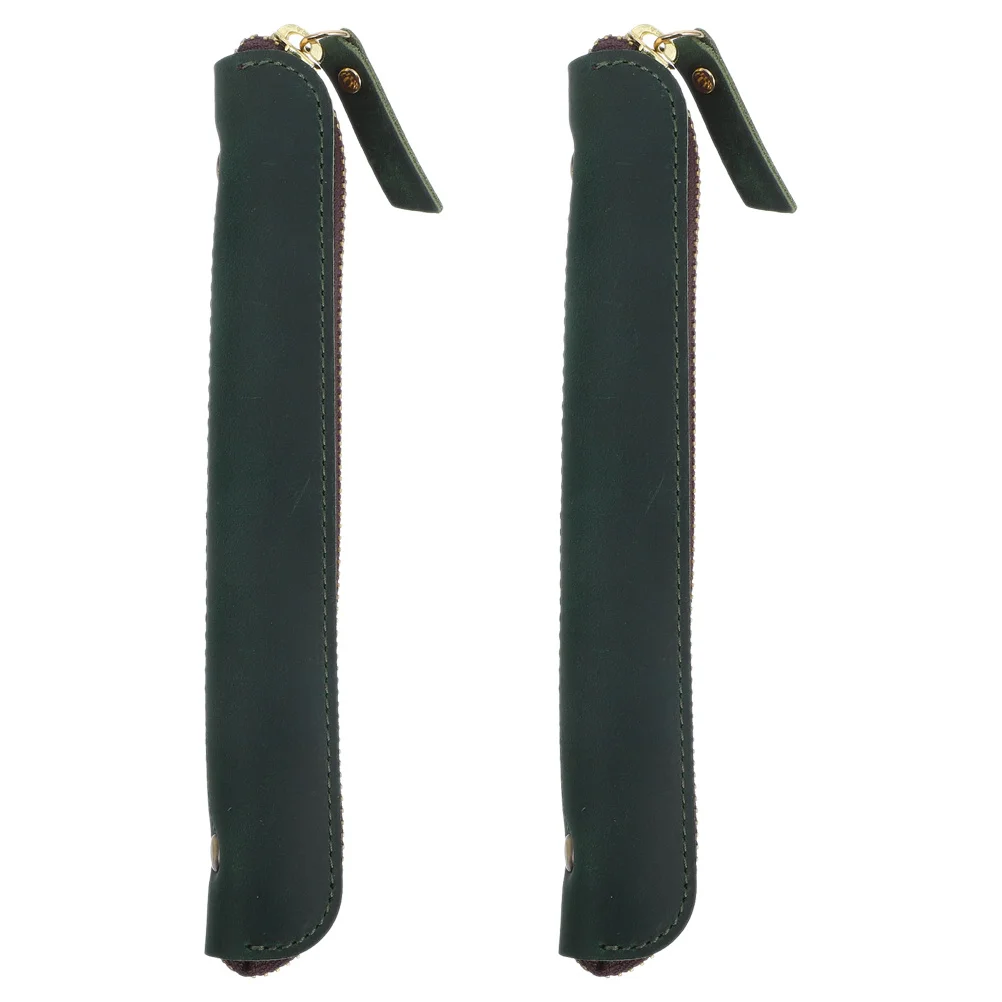 2Pcs Vintage Zipper Pen Case Compact PU Slim Pencil Pouch Portable Mini Fountain Pen Holder Stylish Stationery Bag