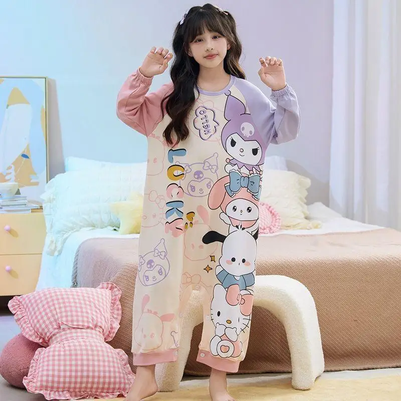 

Sanrio Kawaii Pajamas Kuromi Children's Cotton One-Piece Sleeping Bag Spring and Autumn New Style Hot Girl Long Sleeve Pajamas
