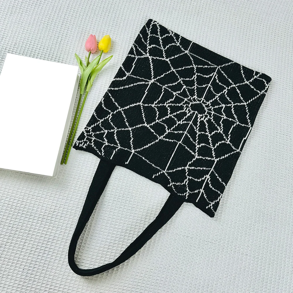 حقيبة حمل كروشيه للهالوين، حقيبة كتف ذات سعة كبيرة، حقيبة متماسكة، حقيبة بقالة، حقيبة تسوق